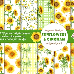 Sunflower digital paper / Summer digital paper / Gingham seamless pattern files / Floral design