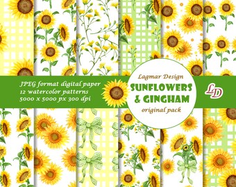 Sunflower digital paper / Summer digital paper / Gingham seamless pattern files / Floral design