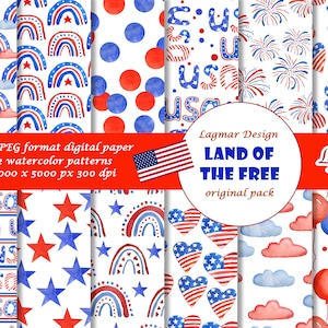 Independence Day rainbow digital paper / Patriotic 4th of July seamless pattern files / USA heart prints / Labor Day party