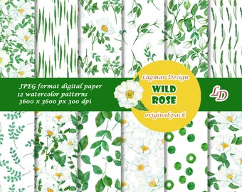 Papier numérique rose sauvage, fichier de motif floral aquarelle sans couture, fleurs de mariage imprimables, feuilles branches verdure