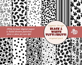 Papier numérique de fruits monochromes, fichier de modèle sans couture de jardin d'été, Tutti frutti imprimable, pomme ananas poire fraise cerise