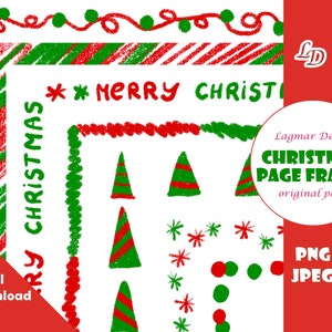 May include: A set of digital Christmas page frames with a red and green color scheme. The frames feature a variety of designs, including a candy cane stripe, a garland of red and green balls, and a simple red and green border. The frames are perfect for adding a festive touch to your holiday projects.