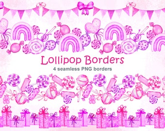 Clipart bordure transparente sucette, conception pour l'anniversaire de baby shower, cadeaux bonbons bonbons pastel, fichiers png arc-en-ciel barbe à papa