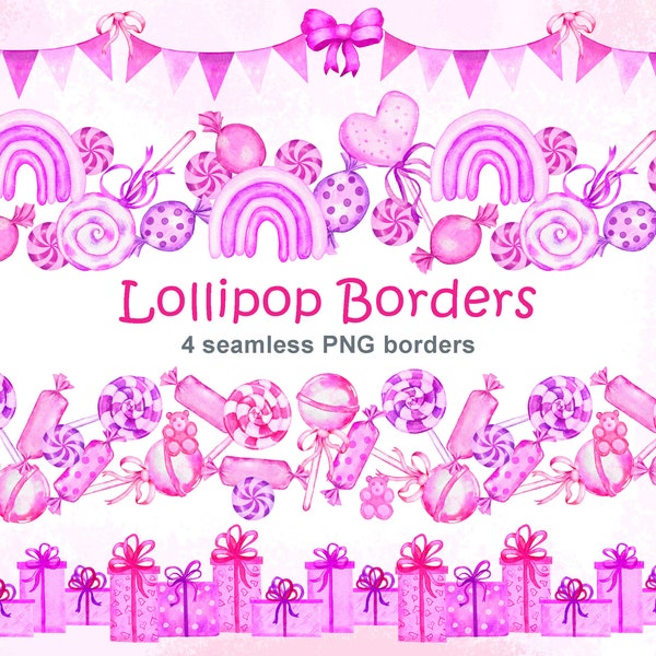 Lollipop seamless border clipart, Design for girl baby shower birthday, Pastel candies sweets gifts,  Cotton sugar candy rainbow png files