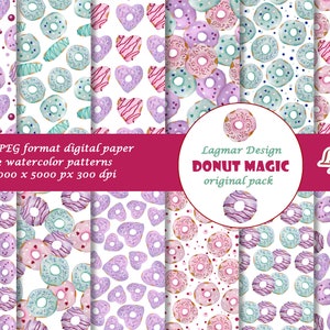 Donut digital paper, Food seamless pattern file, Valentine day fabric print, Cooking baking pastel cute background