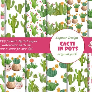 Papel digital de cactus, archivo de patrones sin costuras de cactus suculentos, sublimación de impresión de tela de planta de casa de acuarela