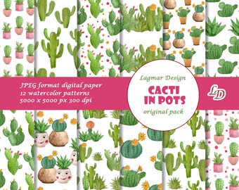 Cactus digital paper, Succulent cacti seamless pattern file, Watercolor house plant fabric print sublimation
