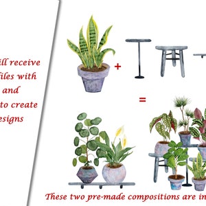 Op de afbeelding: Een digitale illustratie van drie aquarel geschilderde plantenarrangementen. De illustratie laat zien hoe je de arrangementen kunt maken met planken en standaards. De tekst "You will receive 3 png files with shelves and stands to create your designs" is opgenomen in de afbeelding. De tekst "These two pre-made compositions are included" is ook opgenomen in de afbeelding.
