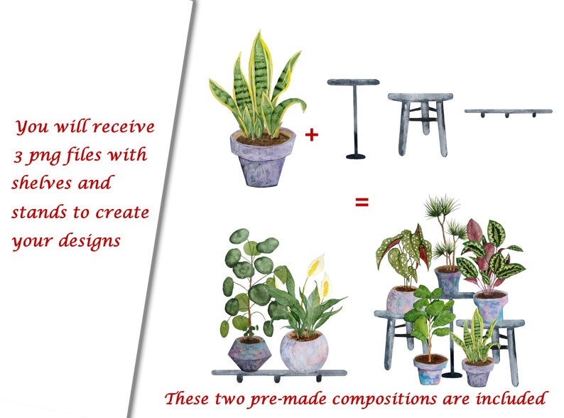 Op de afbeelding: Een digitale illustratie van drie aquarel geschilderde plantenarrangementen. De illustratie laat zien hoe je de arrangementen kunt maken met planken en standaards. De tekst "You will receive 3 png files with shelves and stands to create your designs" is opgenomen in de afbeelding. De tekst "These two pre-made compositions are included" is ook opgenomen in de afbeelding.