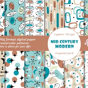 Nowoczesny papier cyfrowy z połowy wieku, plik z bezszwowymi wzorami z lat 50. i 60., abstrakcyjne geometryczne tło retro, beżowy nadruk w stylu boho w stylu vintage