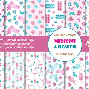 Op de afbeelding: Twaalf digitale papierpatronen met aquarel-illustraties van medische en gezondheidsgerelateerde items, waaronder pillen, verbanden, stethoscopen en handschoenen. De patronen zijn in roze, blauw en wit op een witte achtergrond. De tekst "Lagmar Design Medicine & Health original pack" is in de afbeelding opgenomen.