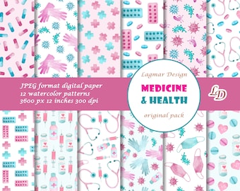 Papier numérique médical, Fichier de motif sans couture infirmière, Pilules de santé de médecin pastel mignon imprimable, Impression de tissu vacciné par un vaccin médicamenteux