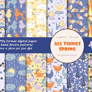 Spring digital paper, Pastel seamless pattern file, Easter bunny chicken sheep cloud rainbow carrot cow