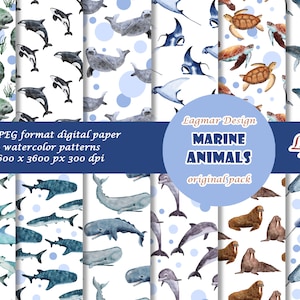 Zeedieren digitaal papier, oceaan naadloos patroon bestand, zeeschildpad walvis haai orka walrus zegel dolfijn, onderwater kunst kwekerij decor