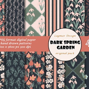 Puede incluir: Un conjunto de 12 patrones de papel digital con diseños florales oscuros con flores rosas, blancas y verdes sobre un fondo negro. Los patrones se titulan "Dark Spring Garden" y tienen 3600 x 3600 píxeles a 300 ppp.