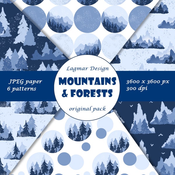 Forest mountain digital paper, Woodland seamless pattern file, Nature pine tree landscape, Camping hiking fabric print