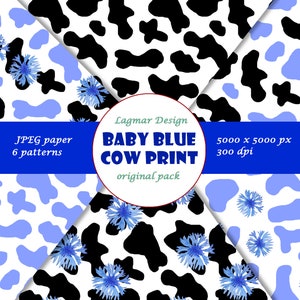 May include: Six seamless patterns featuring a white background with black cow print spots and blue cornflowers. The patterns are arranged in a triangular shape with the text "Lagmar Design", "BABY BLUE COW PRINT", "JPEG paper 6 patterns", "5000 x 5000 px 300 dpi", and "original pack" in the center.