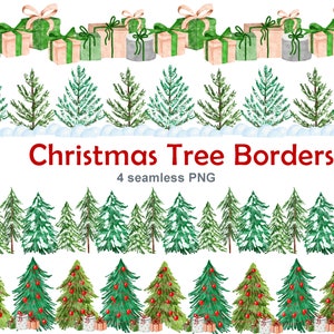 May include: Four seamless digital paper borders featuring watercolor illustrations of Christmas trees and presents. The top border features presents with green and brown wrapping paper and a white ribbon. The second border features green Christmas trees with snow on the ground. The third border features green Christmas trees with snow on the ground. The fourth border features green Christmas trees with red ornaments and presents with brown wrapping paper and a white ribbon.