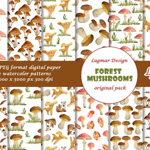 May include: Digital paper pack featuring 12 watercolor patterns of various mushrooms, including red-capped fly agarics and brown porcini, set against a white background. The text "FOREST MUSHROOMS" is displayed.