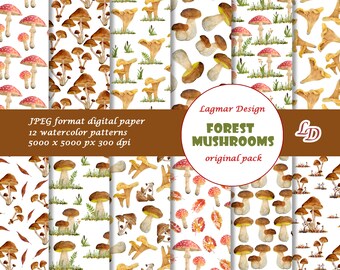Papier numérique champignon, fichier de motifs sans couture d’automne, conception imprimable de forêt de bois d’automne, bouchon web de cèpe de girolle
