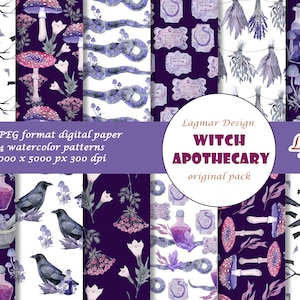 Hexe digitales Papier, Spooky Halloween Herbst nahtlose Musterdatei, Pilze Kristalle Trank Apotheke Wildblumen Rabe Schlange