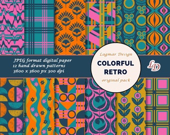 Papier numérique rétro coloré, fichier de modèle sans couture moderne du milieu du siècle, imprimé floral géométrique abstrait des années 50 60 70, plaid de fleurs Mcm Mod