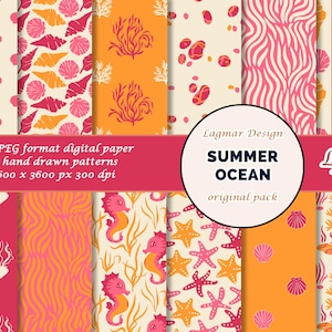 Summer Ocean digital paper, Beach digital paper, Nautical seamless pattern file, Sea coral shell jellyfish download