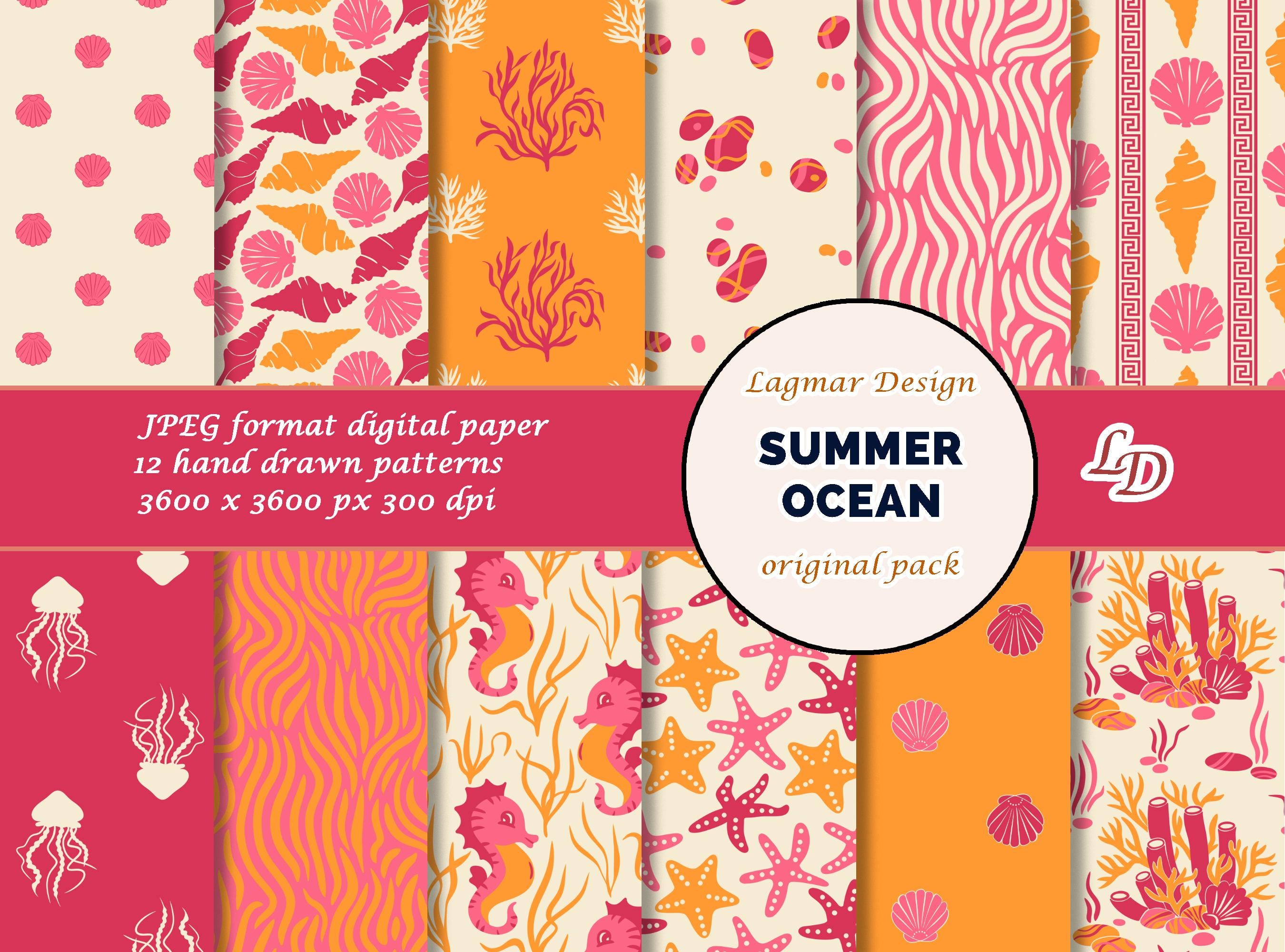 Summer Ocean digital paper, Beach digital paper, Nautical seamless pattern file, Sea coral shell jellyfish download