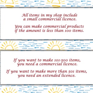 May include: A white card with a blue and yellow watercolor background. The card has text that reads: "All items in my shop include a small commercial licence. You can make commercial products if the amount is less than 100 items. If you want to make 101-500 items, you need a commercial licence. If you want to make more than 501 items, you need an extended licence."