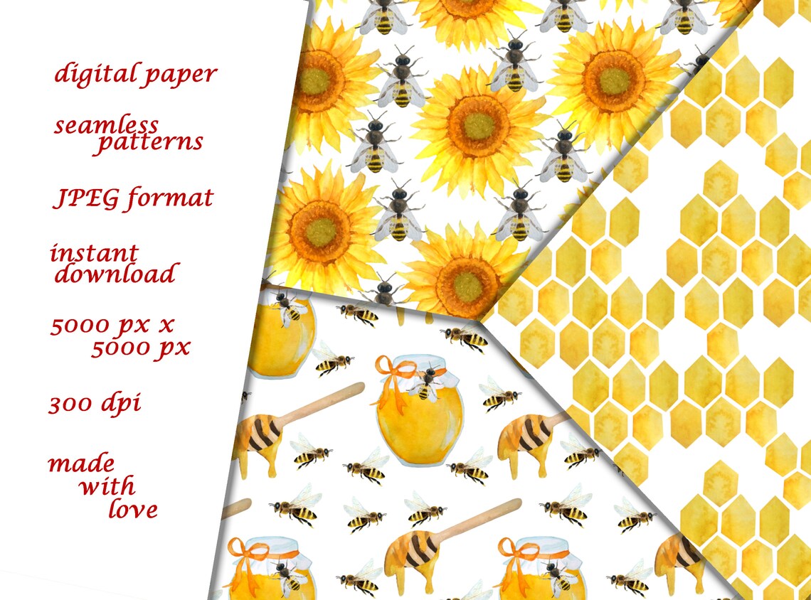 Bee Digital Paper, Honey Sunflower Seamless Pattern File, Bumble Bee ...