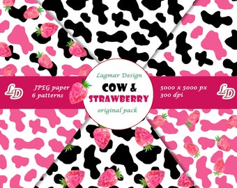 Papier numérique rose pastel vache aux fraises, fichiers de modèle sans couture baies d'été, téléchargement aquarelle pour baby shower, tissu imprimé vache