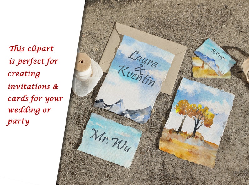 May include: Four watercolor cards with a blue and white mountain landscape, a blue and white sky with clouds, a yellow and brown landscape with two trees, and a blue and white sky with clouds. The cards have the text "Laura & Kventin", "Mr. Wu", and "RSVP".