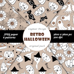Könnte beinhalten: Sechs digitale Papiermuster mit Retro-Halloween-Illustrationen in Schwarzweiß auf beigefarbenem Hintergrund. Die Muster beinhalten Geister, Kürbisse, Spinnen und Tortenstücke.
