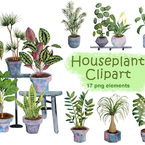 Op de afbeelding: Een digitale illustratie van 17 aquarel kamerplanten in verschillende potten. De planten zijn in een speels ontwerp gerangschikt, sommige op kleine krukjes. De tekst "Houseplants Clipart" en "17 png elementen" is in de afbeelding opgenomen.