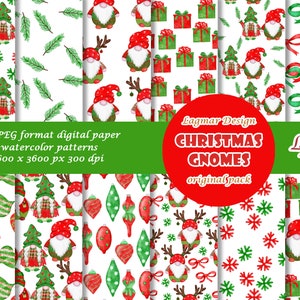Weihnachten Wichtel Digitales Papier, Nordische Winter Nahtlose MusterDatei, Aquarell niedliches Geschenk Baum Schneeflocken, skandinavischer Cottagecore Druck