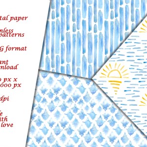 May include: Three digital paper patterns in blue and yellow. The patterns are a blue watercolor stripe, a blue watercolor geometric pattern, and a blue watercolor stripe pattern with a yellow sun graphic.