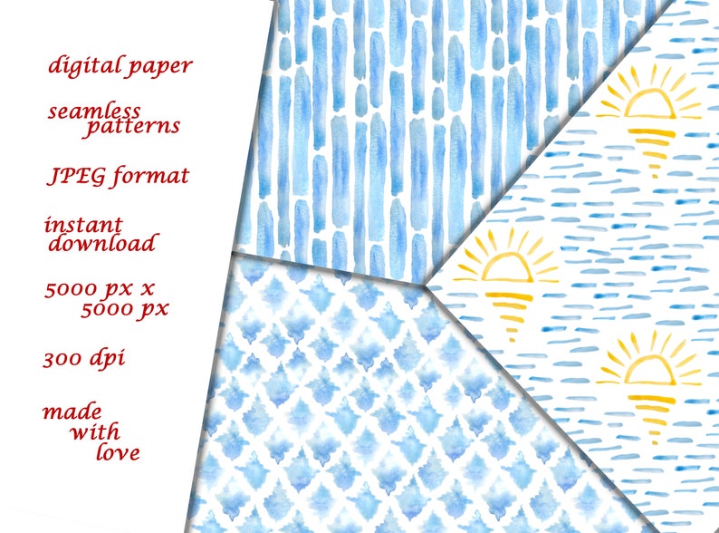May include: Three digital paper patterns in blue and yellow. The patterns are a blue watercolor stripe, a blue watercolor geometric pattern, and a blue watercolor stripe pattern with a yellow sun graphic.