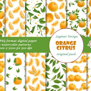 Digitalt papperspaket med sommarcitrus / Sömlösa mönster med apelsin och mandarin / Nedladdning av utskrivbara frukter
