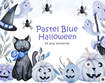 Pastel blue Halloween clipart, Cute kawaii kid Halloween png files, Watercolor spider pumpkin download, Fall witch broom hat cat ghost