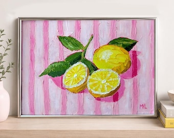 Peinture à l'huile originale citrons agrumes dans la cuisine. Art mural sur papier toile, nature morte moderne