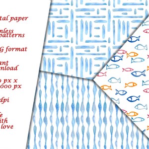 May include: Three digital paper patterns featuring blue watercolor designs. The first pattern has a grid of horizontal and vertical blue lines. The second pattern has a series of vertical wavy blue lines. The third pattern has a white background with a repeating pattern of blue, orange, and red fish.