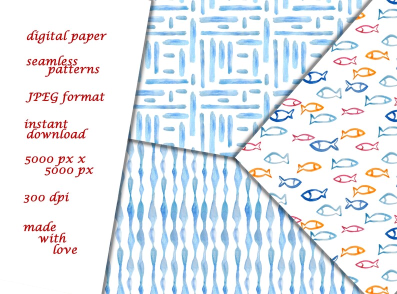 May include: Three digital paper patterns featuring blue watercolor designs. The first pattern has a grid of horizontal and vertical blue lines. The second pattern has a series of vertical wavy blue lines. The third pattern has a white background with a repeating pattern of blue, orange, and red fish.