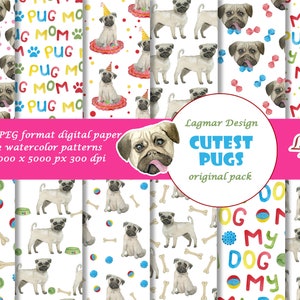 Papel digital Pug, Papel digital para perros mascotas, Archivo de patrón sin costuras Kawaii, Fondo de animal lindo, Diseño de mamá perro