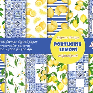 Zitrone Digitales Papier, Sommer nahtlose Musterdatei, Zitrusfrucht Hochzeit, Azulejo Portugiesisch Fliesen Dekor, Spanisch Andalusisch blau weiß Druck