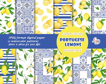 Lemon digital paper, Summer seamless pattern file, Citrus fruit wedding, Azulejo Portuguese tiles decor, Spanish Andalusian blue white print