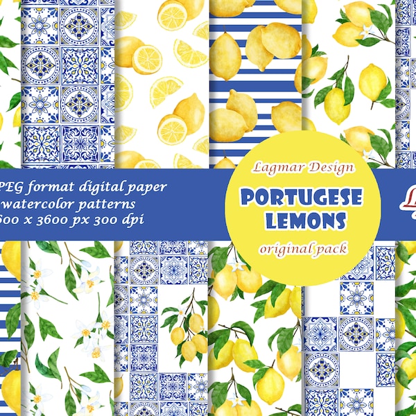 Zitrone Digitales Papier, Sommer nahtlose Musterdatei, Zitrusfrucht Hochzeit, Azulejo Portugiesisch Fliesen Dekor, Spanisch Andalusisch blau weiß Druck