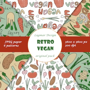 Papier numérique végétalien, fichier de modèle sans couture de légumes, impression de tissu végétarien de légumes, conception de cuisine de cuisine rétro vintage