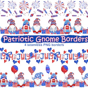 Frontières sans couture png de gnomes patriotiques, fichiers imprimables de la fête de l'indépendance, 4 juillet images clipart, aquarelle numérique