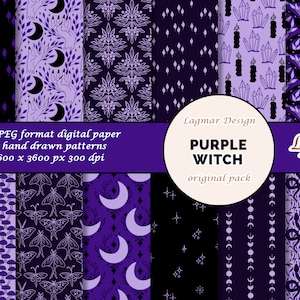 Lila Hexe digitales Papier, Spooky Halloween Wald nahtlose Muster Datei, Pilze Kristalle Schlange Schlange Hexerei Mondphase printable