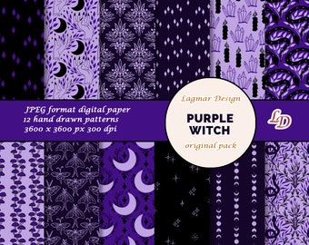 Papier numérique de sorcière violette, fichier de modèle sans couture de forêt d’Halloween effrayante, cristaux de champignons serpent sorcellerie phase de lune imprimable